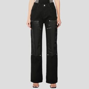 Satin Panel Carpenter Boyfriend Jeans - Black